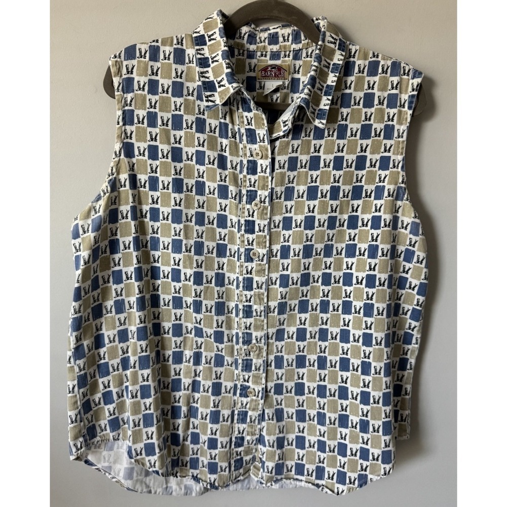 VTG 90s Y2K Barn Fly Sleeveless Button Down  Blouse Cowboy Boot Western Sz Large
